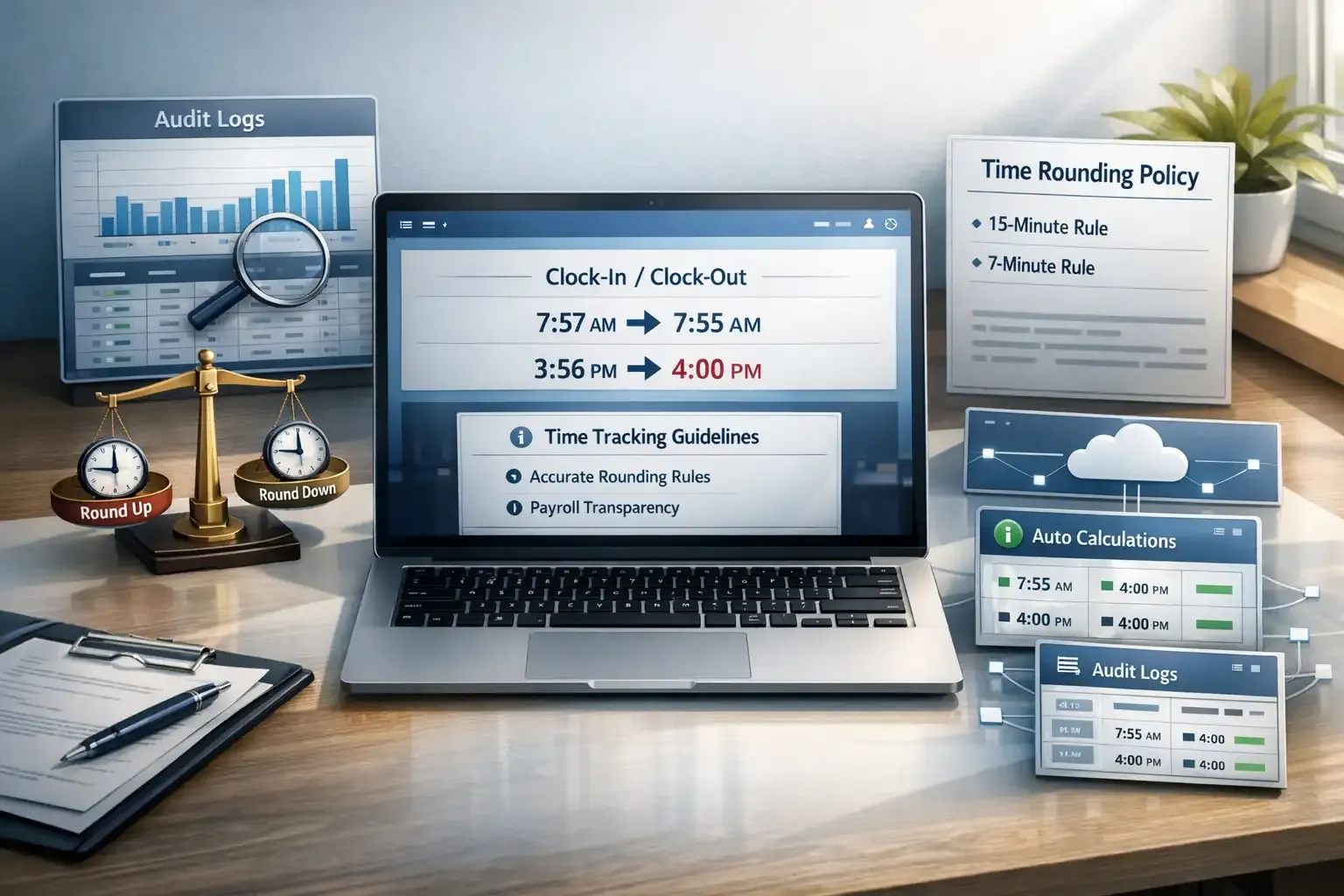 Time clock rounding dashboard showing fair payroll rules and audit logs